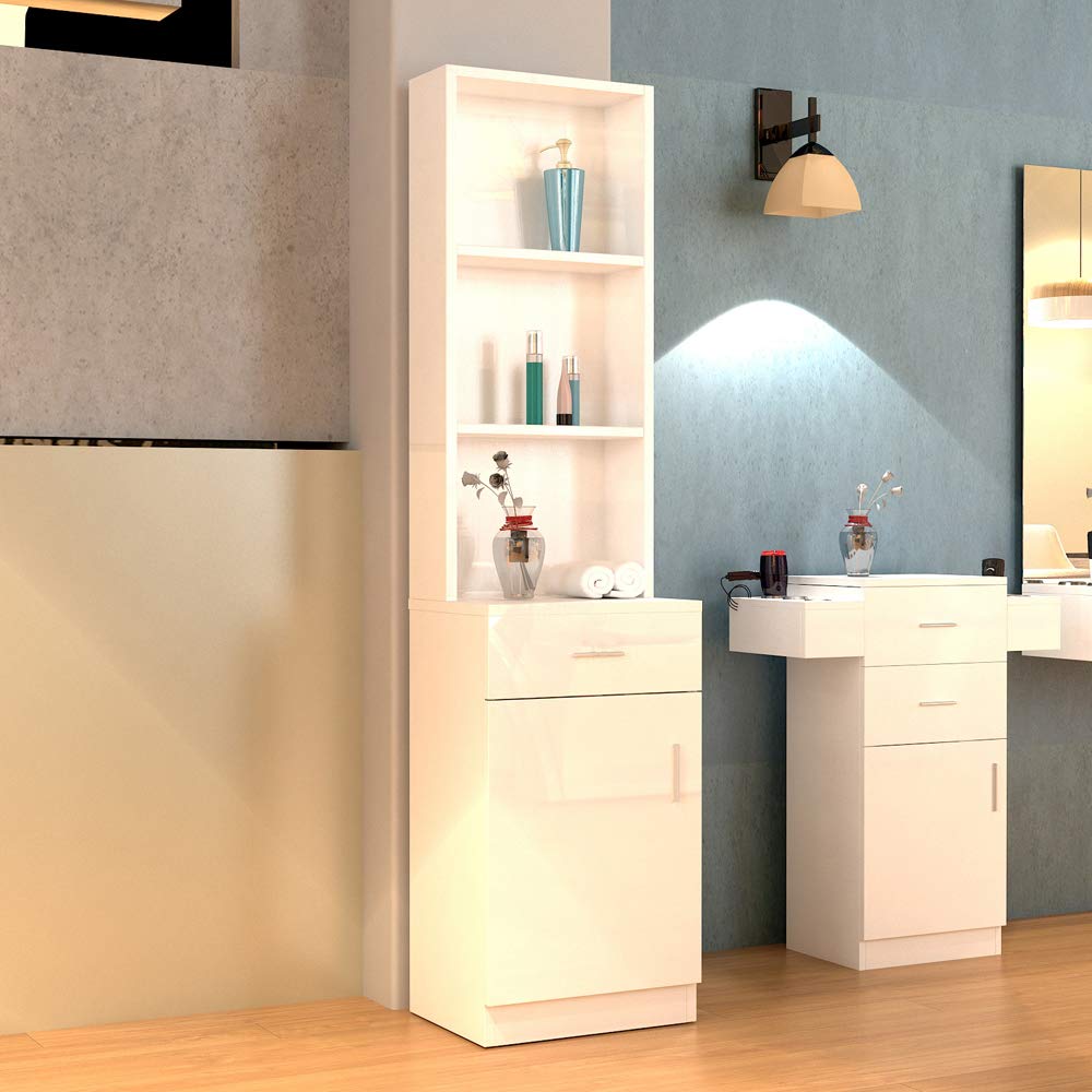 WZONICE98 Barber Cabinet with 5 Compartments, 1 Drawer and 1 Door, White Salon Station for Hair Stylists, Professional MDF Storage Cabinet for Beauty Salon, Spa, Home