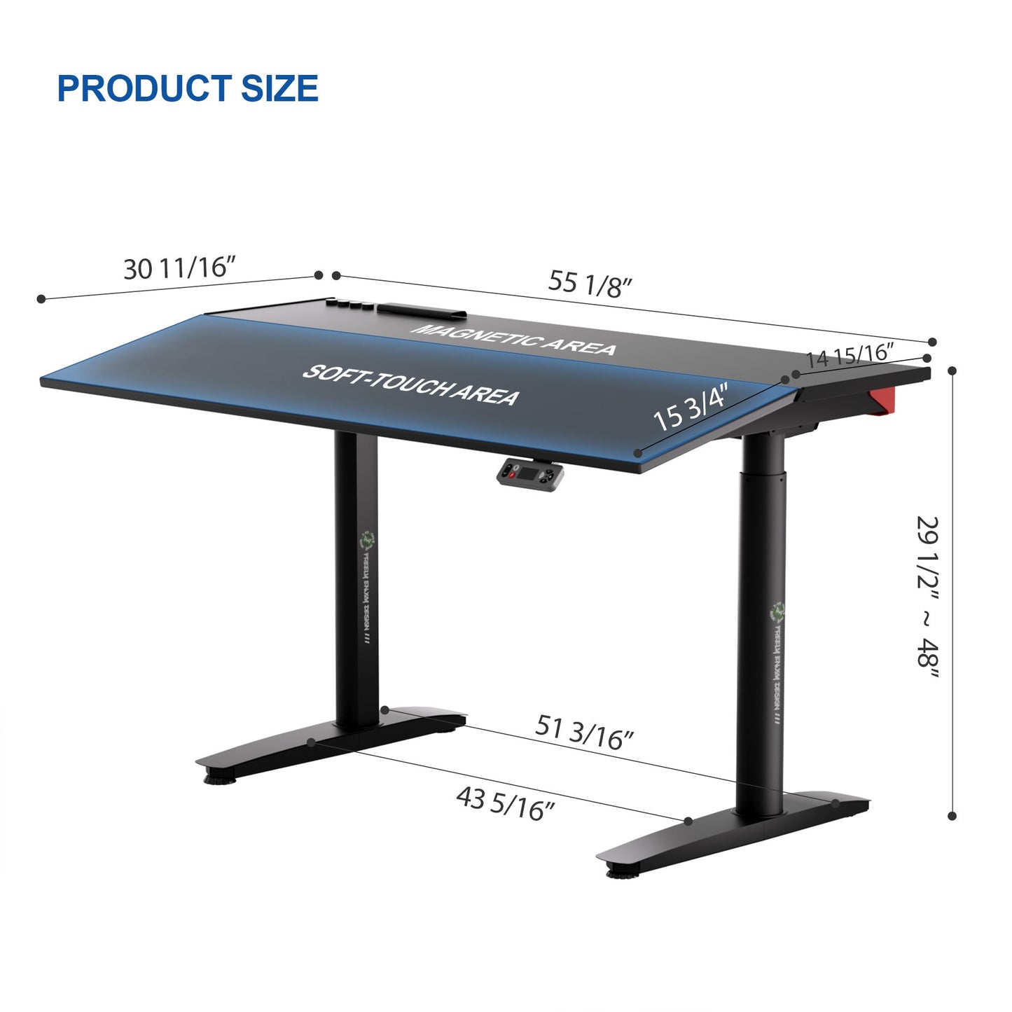 Klobel Electric Standing Desk 55” with 15° Tilting Desktop, Sit Stand Ergonomic Desk for Home Office & Gaming, 4 Motor Adjustable Desk, Memory Presets & Cable Management Black
