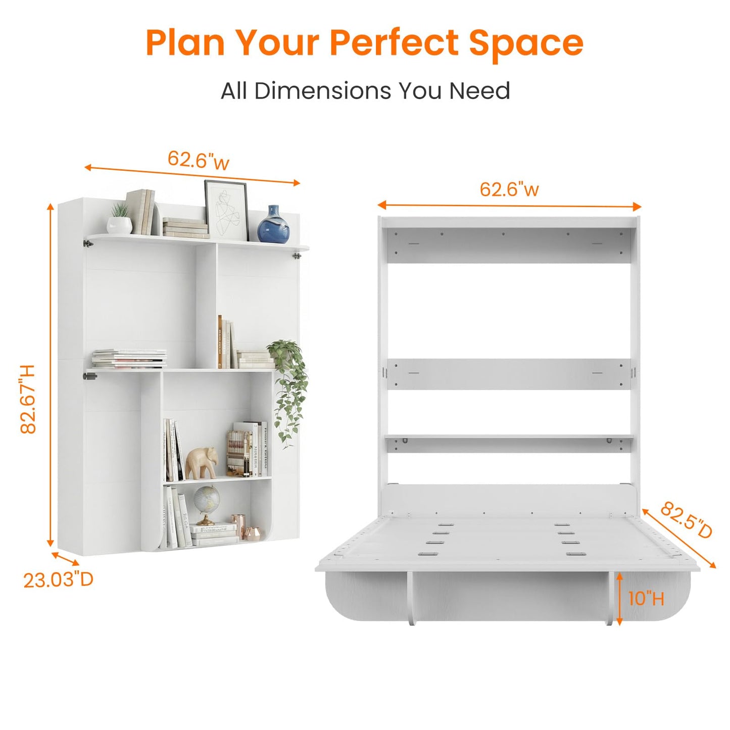 CECER Queen Size Wall Murphy Bed with Storage Shelf，Queen Murphy Cabinet Bed with Bookshelf，Space-Saving Wall Beds Cabinet Beds for Guest Room/Bedroom-White
