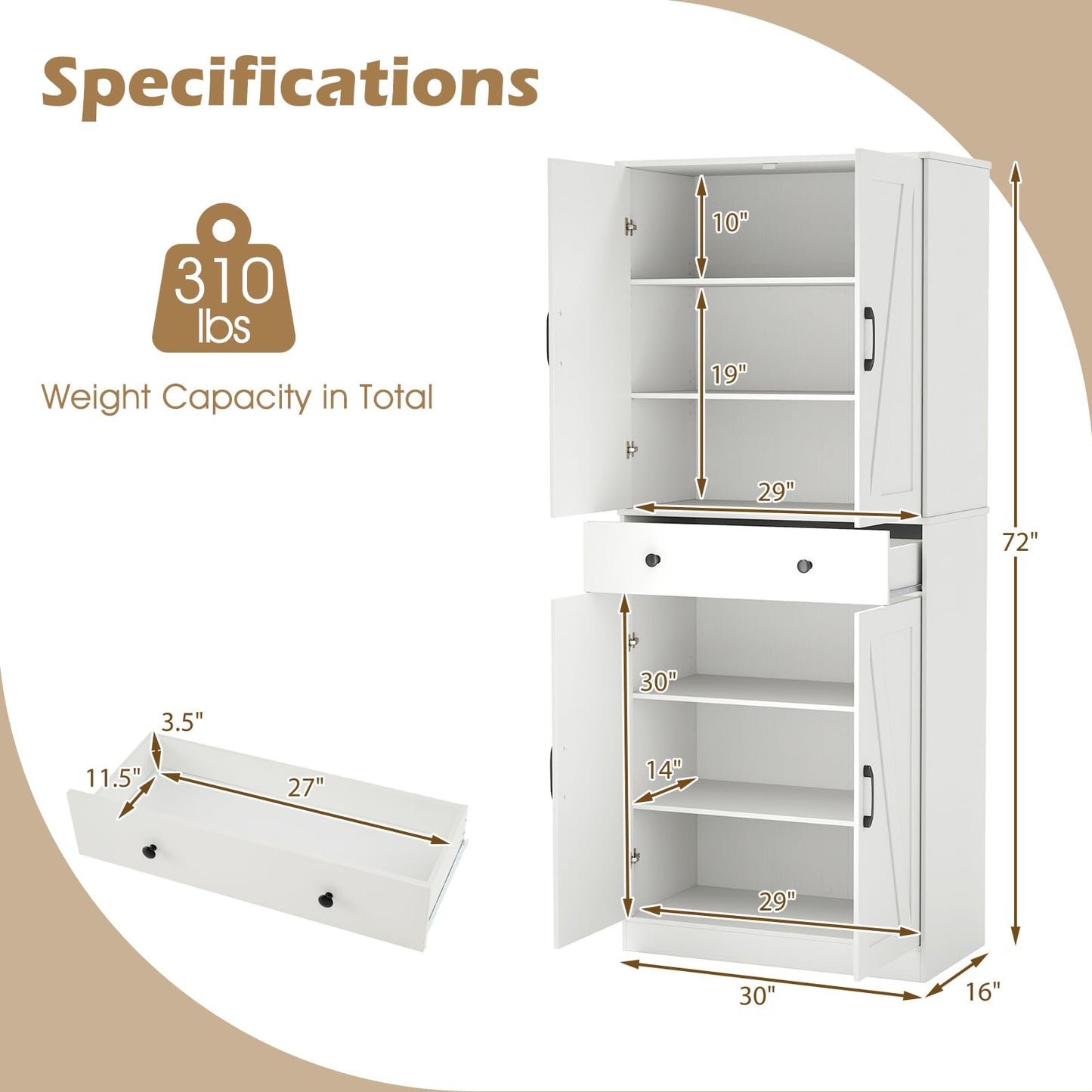 Giantex 72" Tall Kitchen Pantry Cabinet, Modern Farmhouse Pantry Storage Cabinet with 4 Barn Doors, Adjustable Shelves & Drawer, Buffet Cupboard with Living Room, Dining Room, Bathroom, White