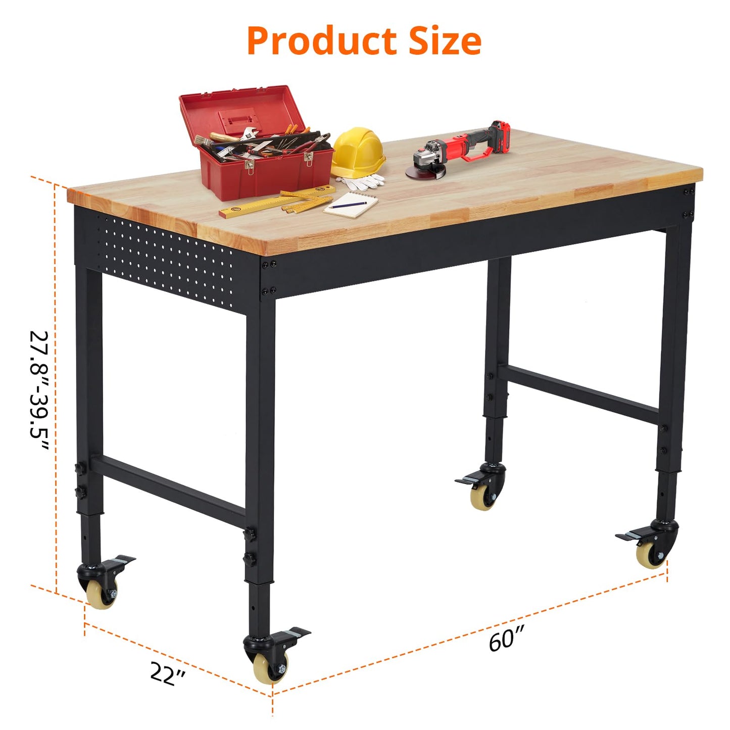 ACONEE Adjustable Workbench for Garage, 60" x 20" Heavy-Duty Rubber Wood Shop Table with Power Outlets & Wheels, 2000 LBS Load Capacity, Hardwood Workstation for Workshop, Garage, Office, Commercial
