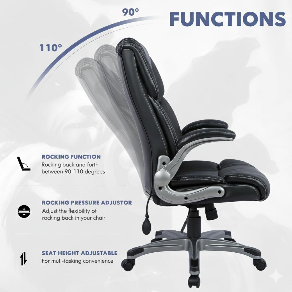 COLAMY Ergonomic Executive Office Chair with Lumbar Support, Flip-Up Arms, Bonded Leather High Back Desk Chair for Home Office & Workstation, Computer Chair for Adults Men Women, Black