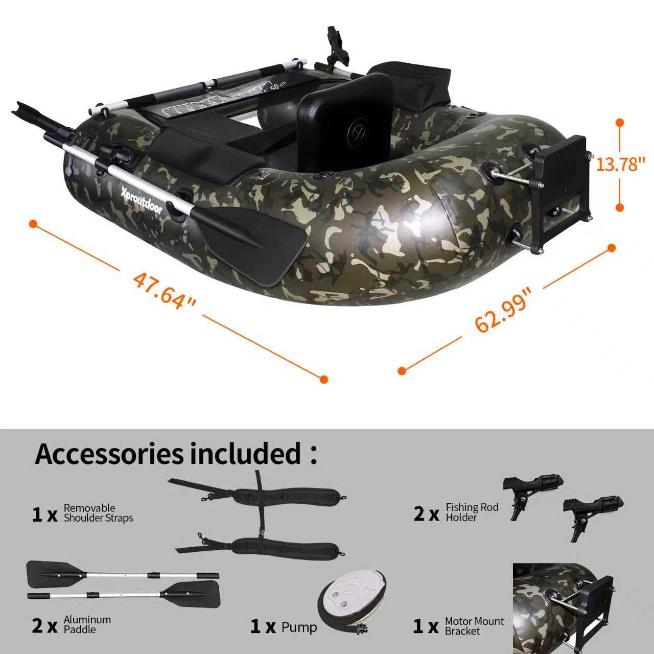 Xproutdoor Fishing Float Tube, Belly Boat Fishing with Pump, Fish Ruler, Adjustable Straps, Storage Pockets, 2 Oars, 2 Rod Holders, Motor Bracket Inflatable Float Tube for 330 LBS Load Capacity