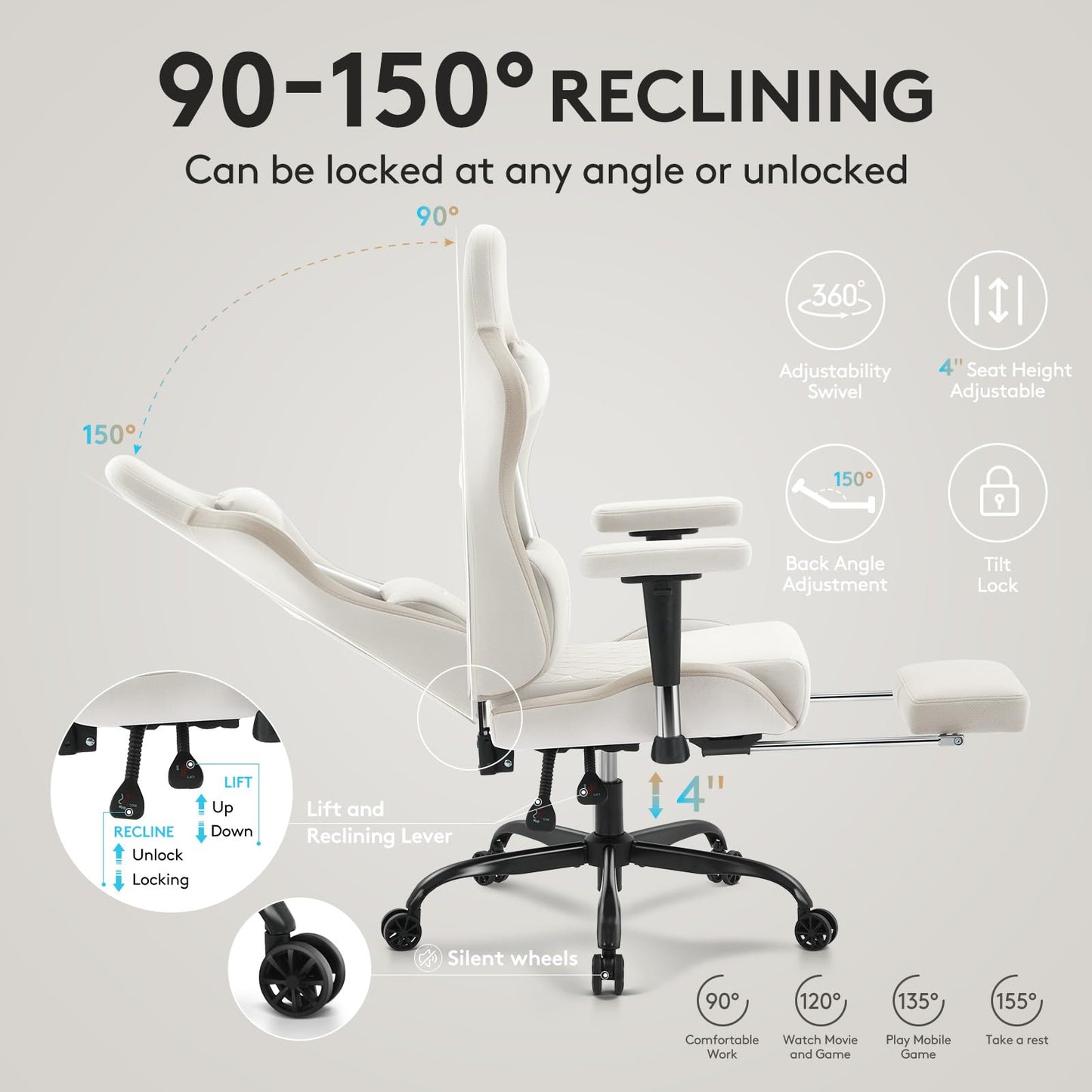 Morkprism Gaming Chair Breathable Fabric,Computer Office Chair with Footrest,Massage Lumbar Support and Gel Pad,Ergonomic Reclining Gamer Chair with Adjustable Armrests and Spring Cushion Beige