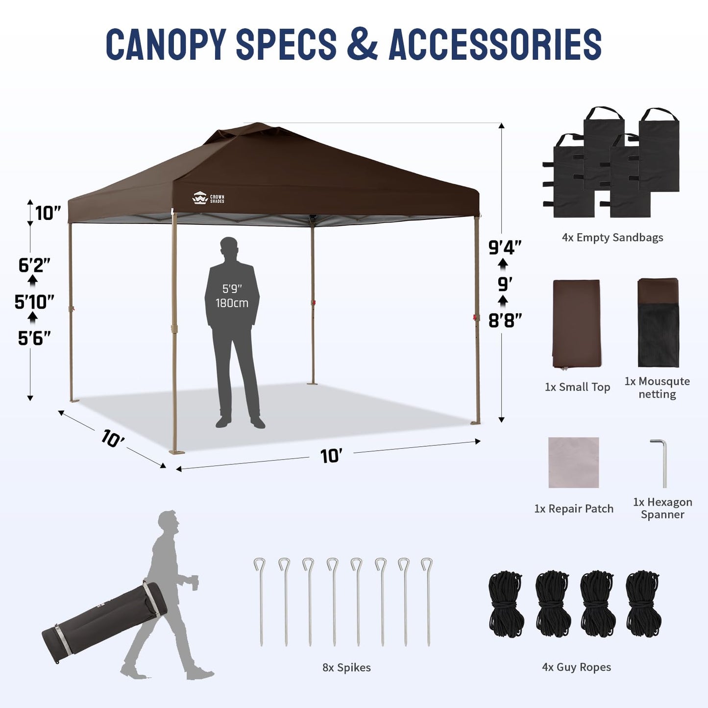 CROWN SHADES Gazebo 10x10 Pop Up Canopy with Mosquito Netting, Screen Tent with 4 Ropes, 8 Stakes, 4 Sandbags and Wheeled Storage Bag, Canopy for Patio & Backyard Parties,Camping&Events -(Coffee)