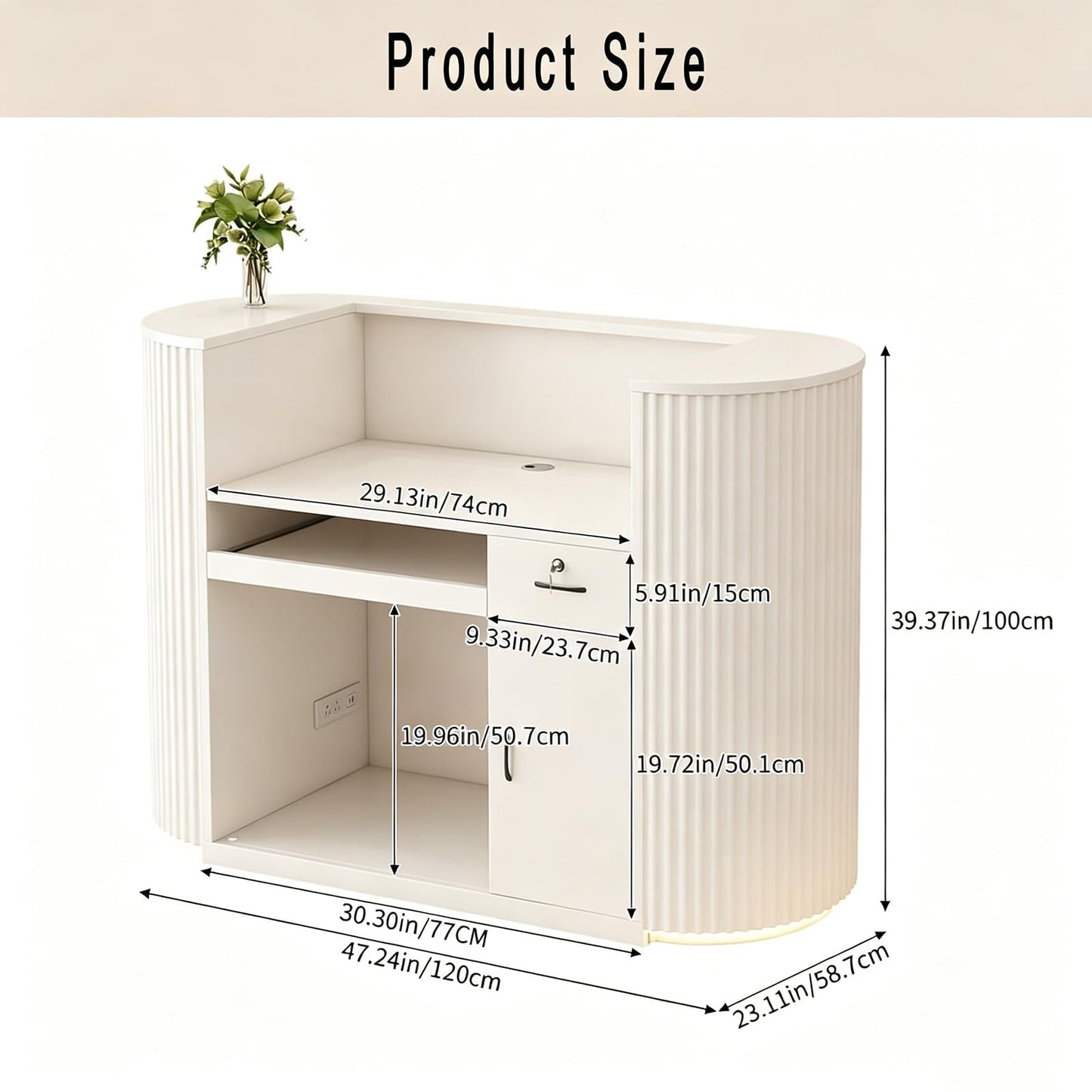 HMBTCRY Reception Desk with Counter, 47" Curved Checkout Counter with Led Lights, Lockable Drawers, Hidden Cable Management and Wood Construction, Salon Reception Counter for Beauty Salons