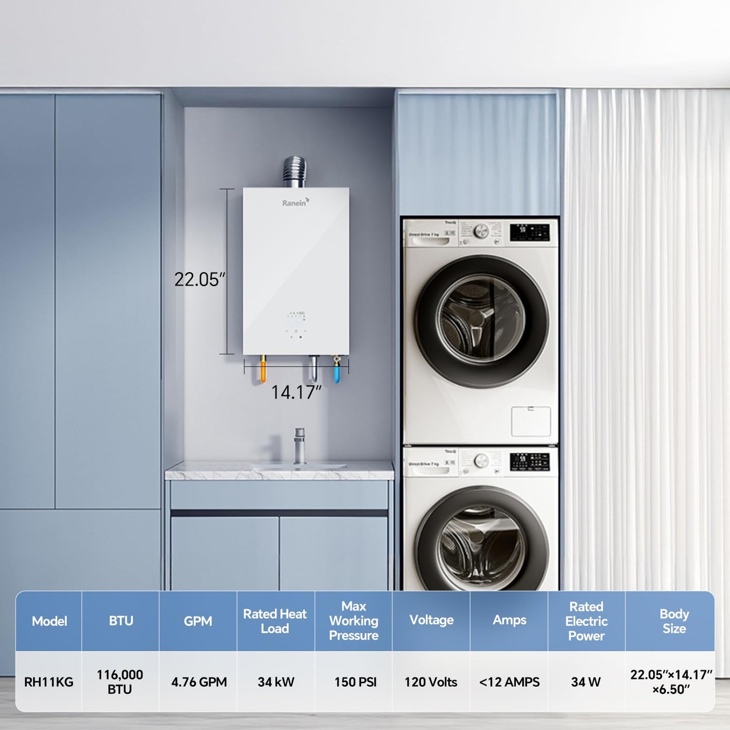 GEN II Ranein Natural Gas Tankless Water Heater, 4.76 GPM, 116,000 BTU Glass Panel Design Indoor On Demand Instant Hot Water Heater with LED Temperature Control Panel
