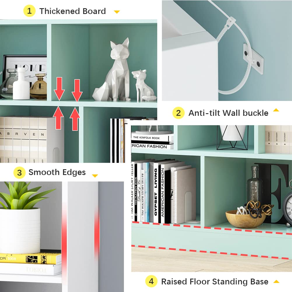 IOTXY Open Shelf Low Bookcase - Wooden 3-Tier Floor Standing Display Cabinet Organizer with Base, 10 Cubes Short Horizontal Bookshelf in Tiffany-Green