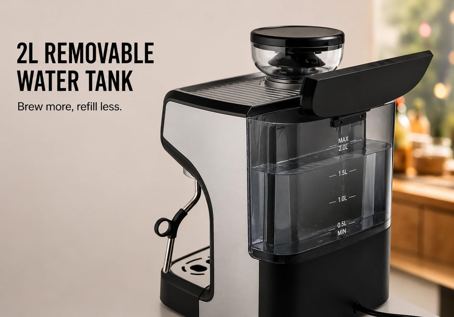 Zulay Kitchen Magia Manual Espresso Machine with Built-In Grinder & Steam Wand – 15 Bar Pressure Espresso Maker, 2L Removable Water Tank, Milk Frother, Complete Home Barista Set, Black & Silver