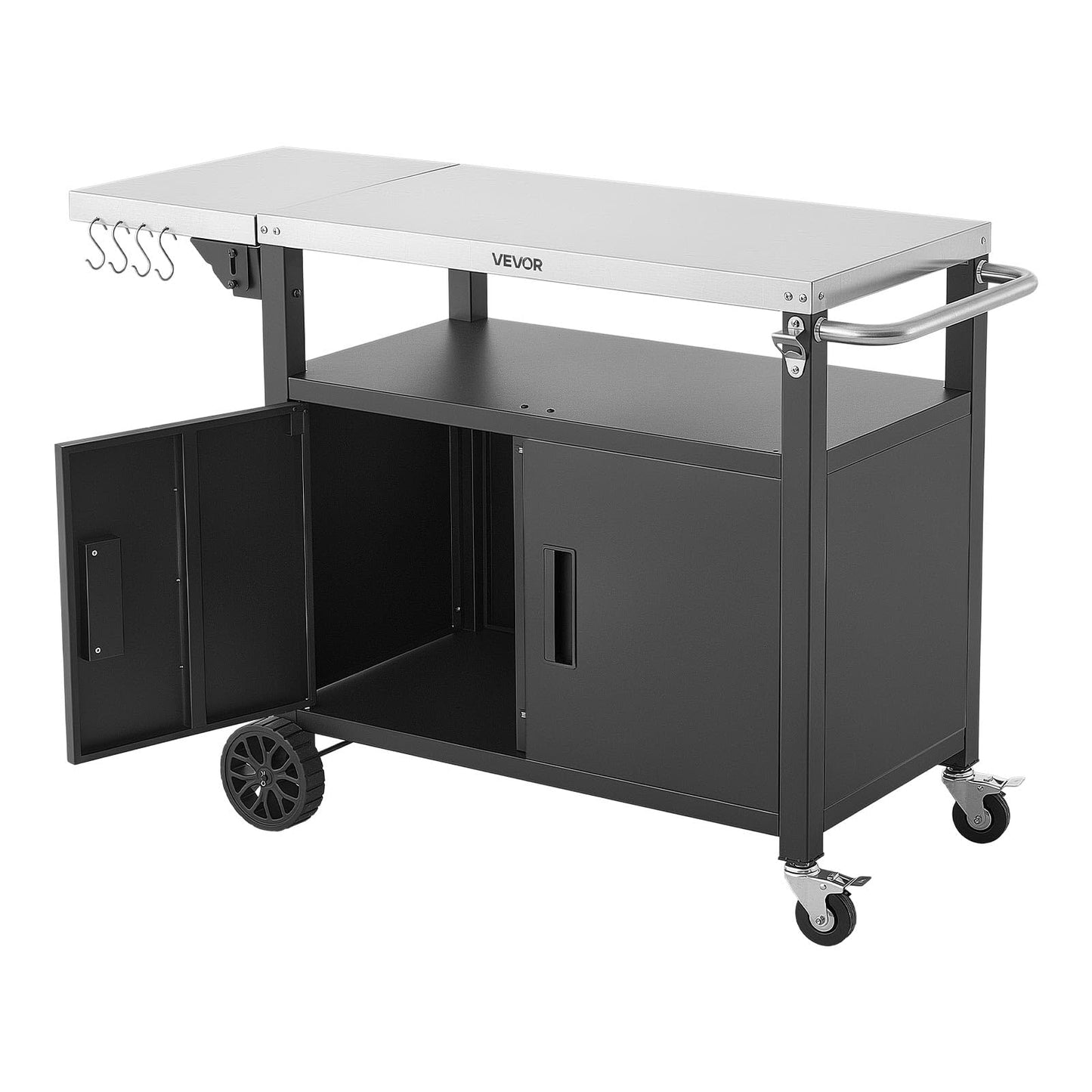 VEVOR Outdoor Grill Cart with Storage Cabinet, 48.9 Inch Grill Table, Waterproof Kitchen Island with Stainless Steel Top, Shelf, and Wheels, Movable Food Prep Station for Patio Bar Backyard BBQ