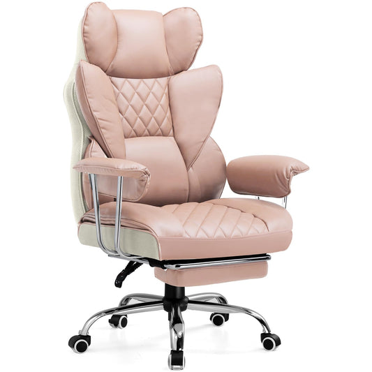 COMHOMA Big and Tall Office Chair, High Back Leather Gaming Chair with Footrest, Executive Ergonomic Office Chairs with Pocket Spring Lumbar Support and with Outward Fixed Soft Armrests