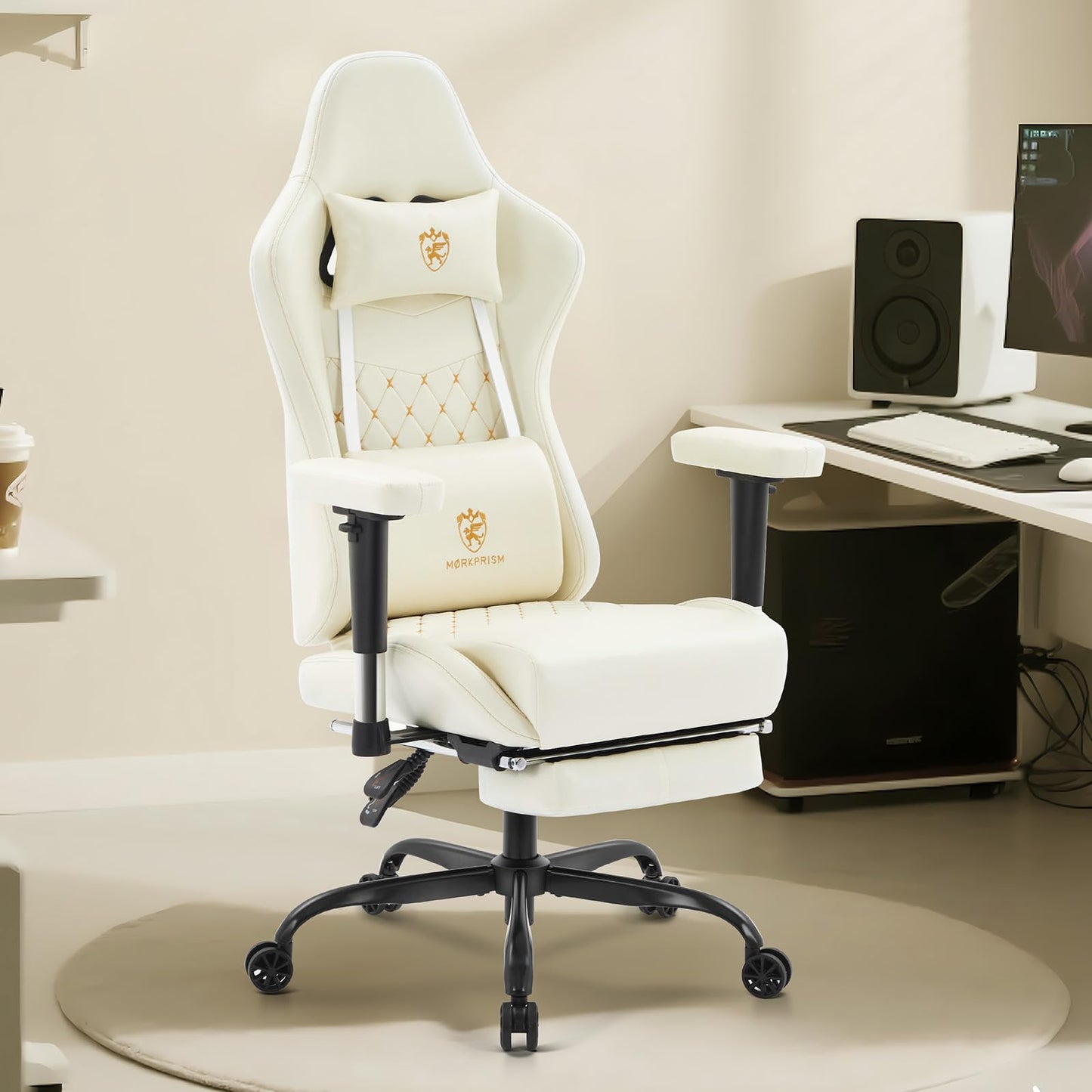 Morkprism Gaming Chair,Computer Office Chair with Footrest,Massage Lumbar Support and Gel Pad,Ergonomic Reclining Leather Gamer Chair with Headrest,Adjustable Armrests and Spring Cushion Ivory