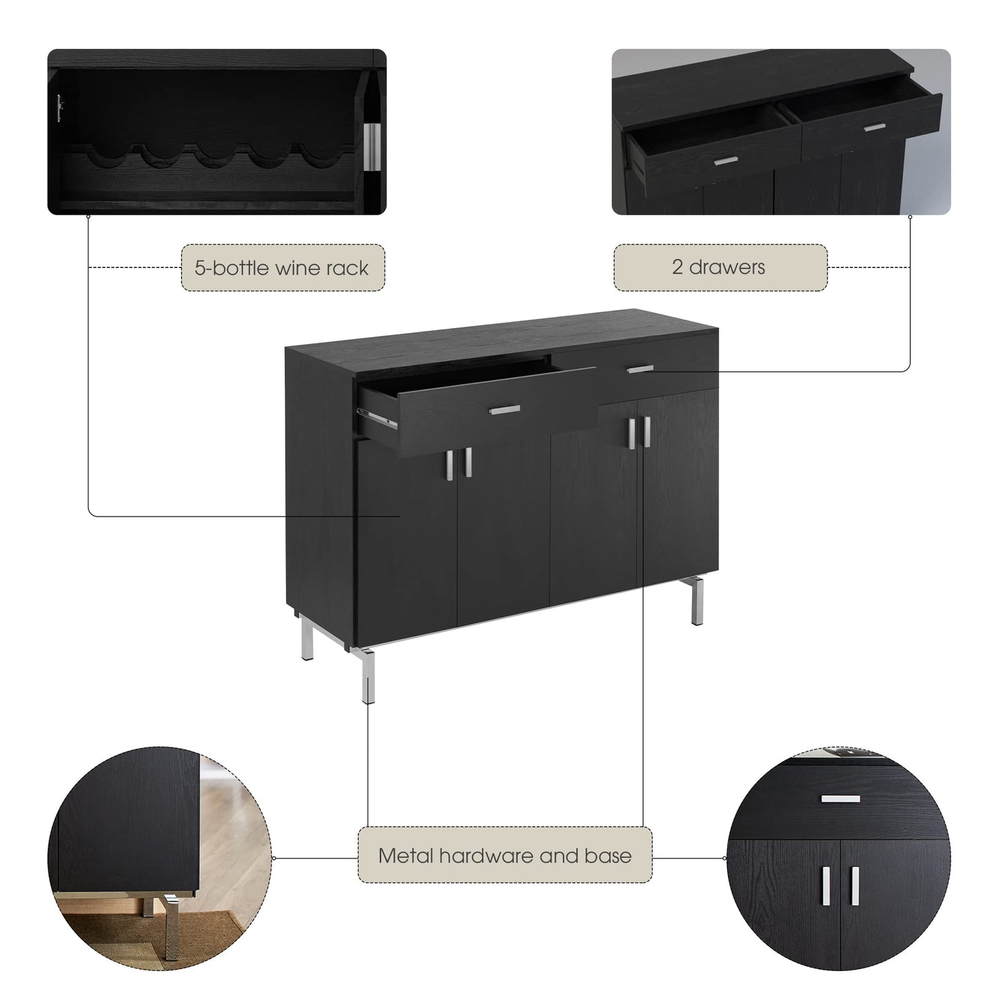 Furniture of America Brysin Modern 48-inch Sideboard Buffet Cabinet with Removable Wine Holder, 2 Drawers On Metal Glides and 2 Storage Compartments for Dining Room, Black and Silver