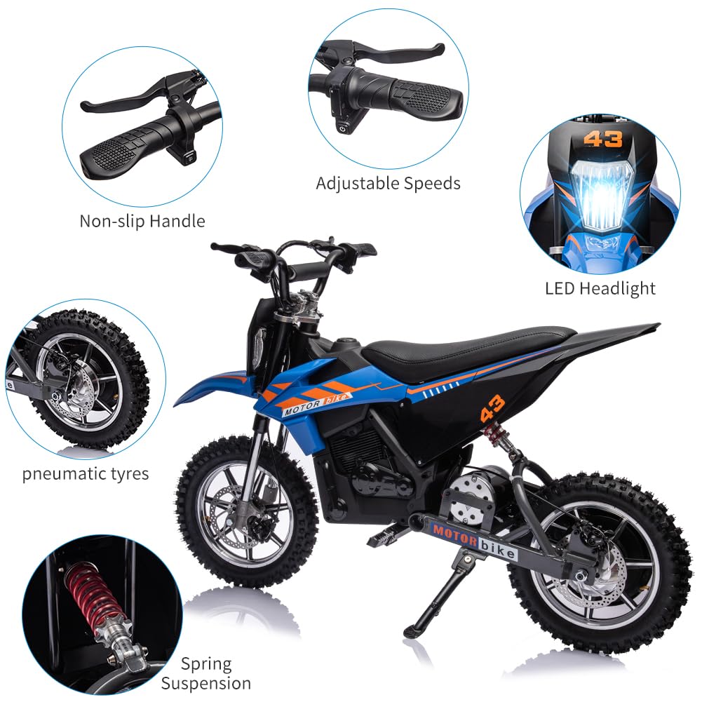 36V Electric Dirt Bike for Kids, Ride on Motorcycle 500W Brushed Motor Variable Speed to 15.5MPH with LED Headlight, Leather Seat,Chain-Driven for Teens Max Load 175lbs,Blue