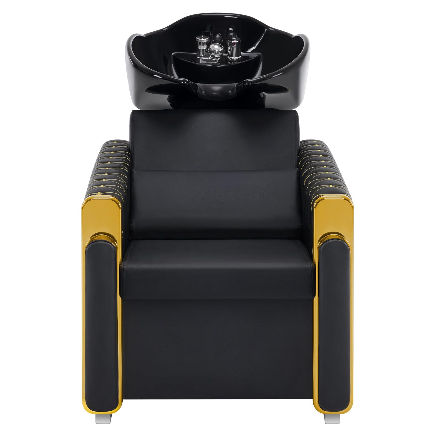 BarberPub Backwash Shampoo Station Chair, Porcelain Ceramic Bowl Sink Unit for Hair Stylist, Gold&Black Shampoo Chair with Vacuum Breaker for Beauty Spa Salon 8690