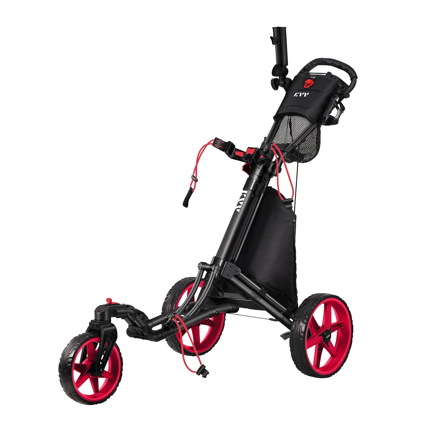 KVV 3 Wheel 360 Rotating Front Wheel Foldable/Collapsible Golf Push Cart with Foot Brake Open and Close in ONE Second-Free Umbrella Holder Included(Black/Red)