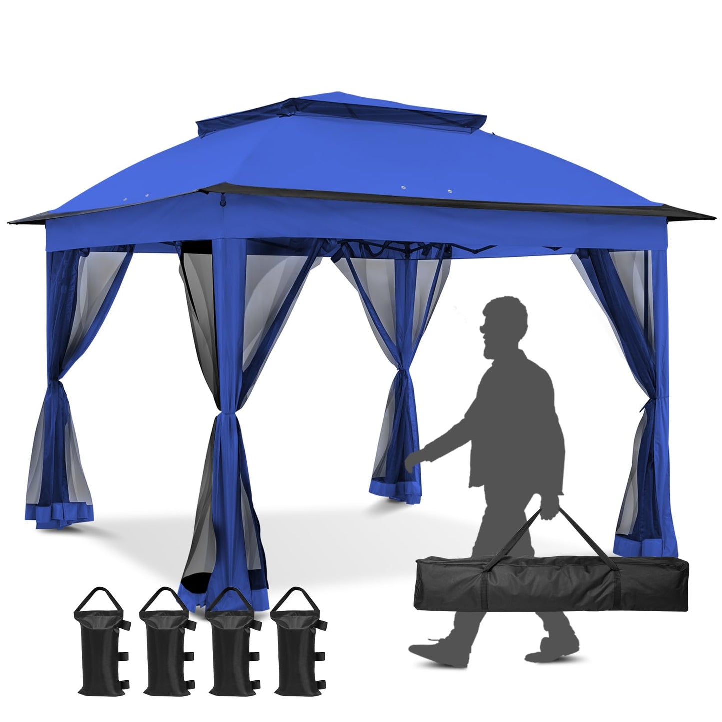 INTER HUT 11x11 Pop Up Gazebo Tent with Mesh Netting, Instant Outdoor Canopy with UPF 50+ UV Protection, Water Resistant, Blue
