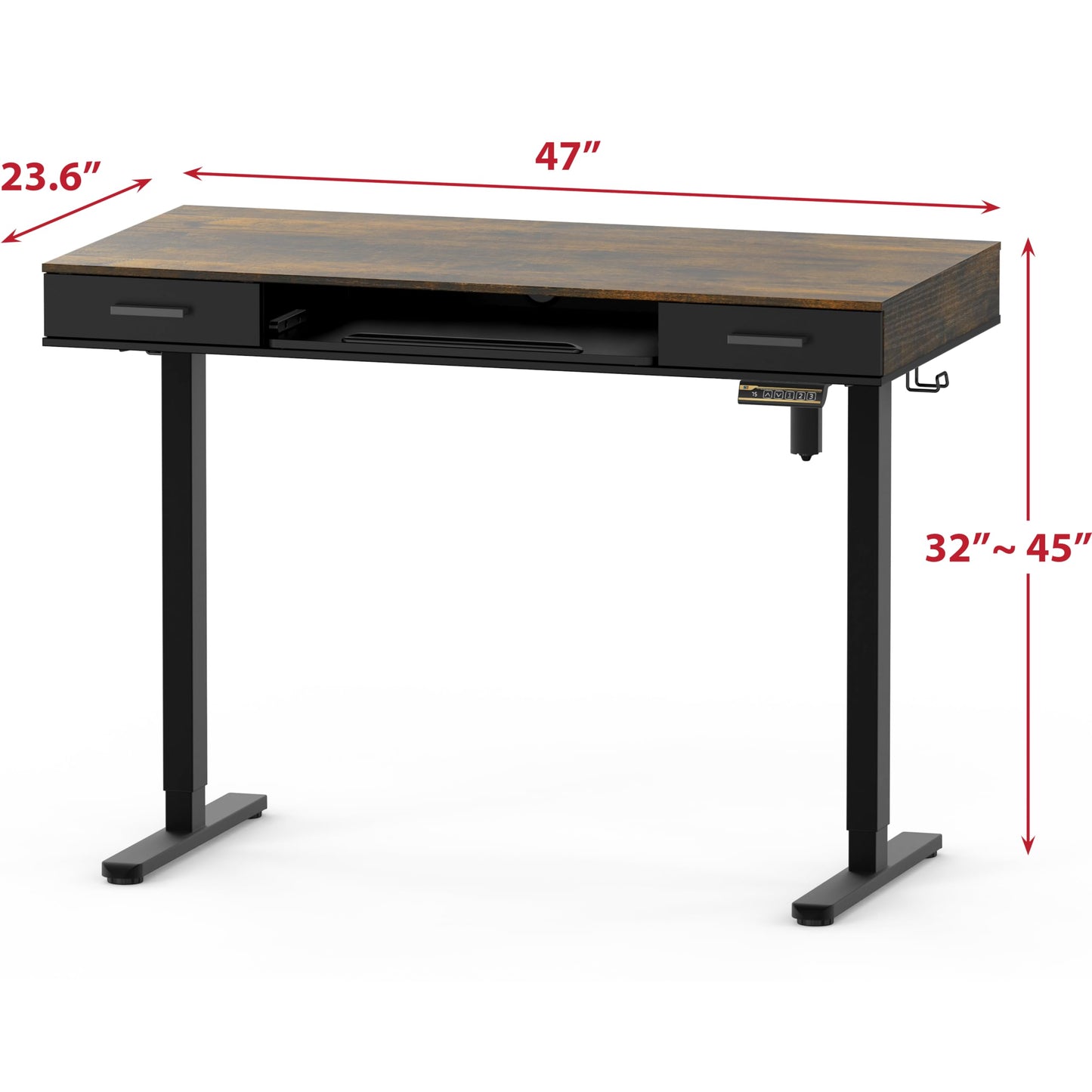 SHW 48-Inch Electric Height Adjustable Desk with Keyboard Tray and 2 Drawers, Rustic Brown