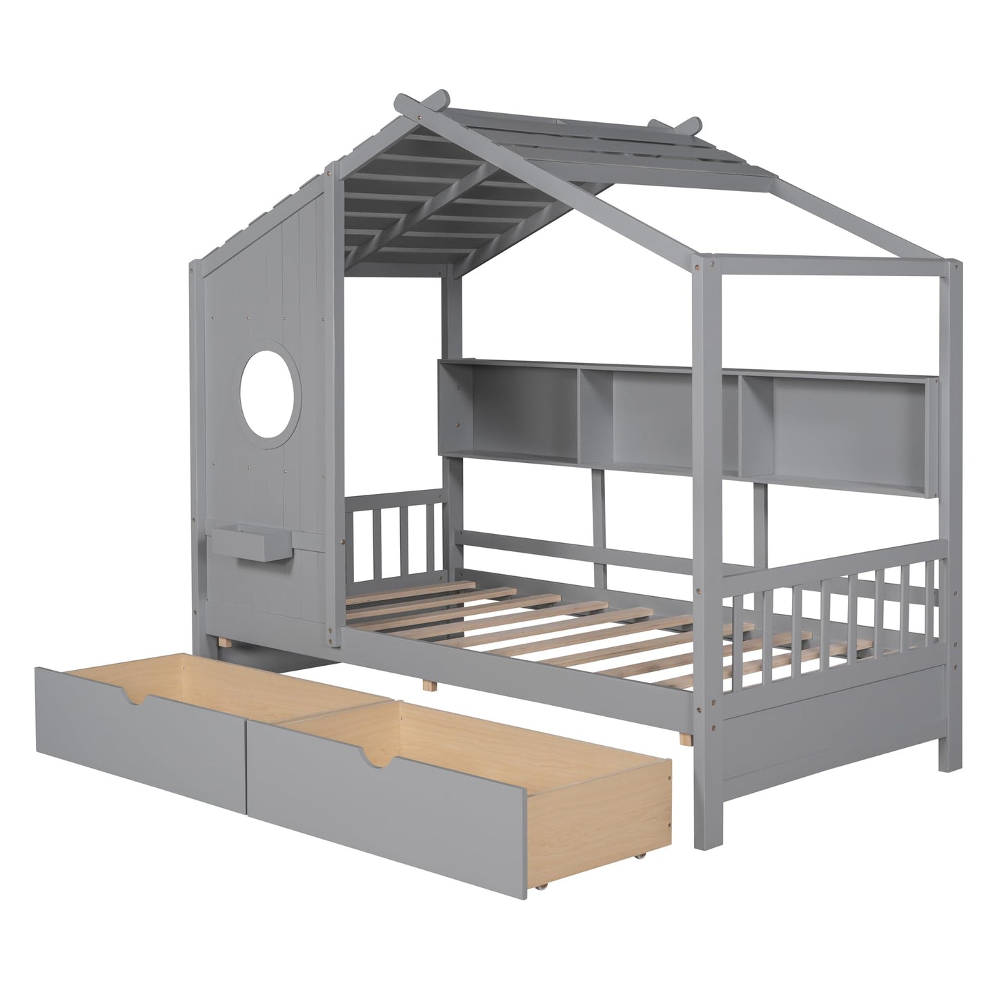 Twin Size House Bed with Storage Drawers,Kids House Bed Frame with Shelves,Cute Wood House Bed Twin with Roof for Kids,Girls,Boys,Gray