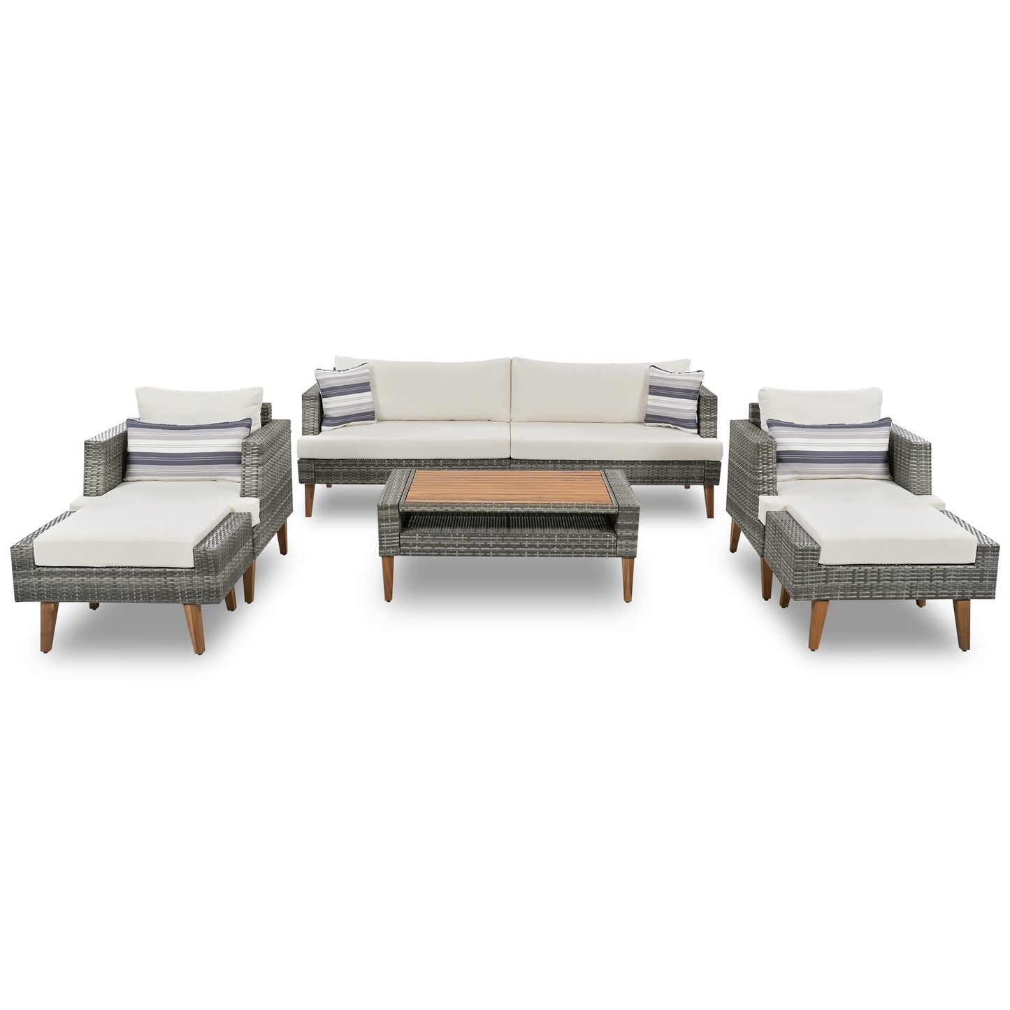 Merax 6-Piece Wicker Patio Sofa Set, Outdoor Rattan Conversation Set with Double Cushions, Solid Wood Legs and Wood Table Top