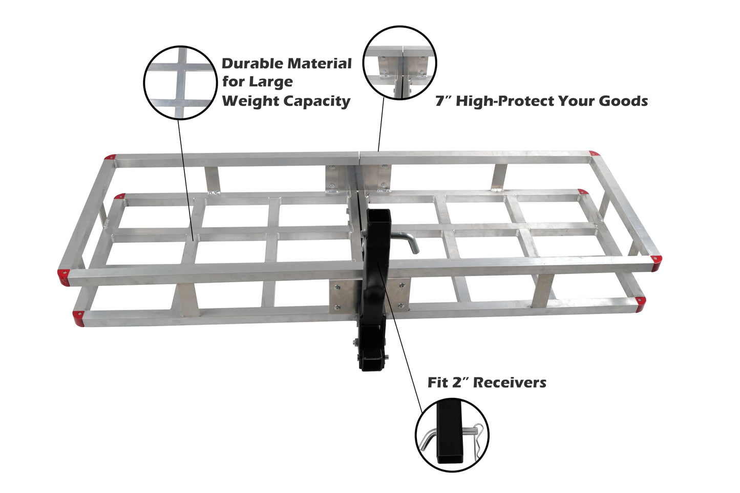 60 x 20 x7 Aluminum Cargo Carrier Hitch Mount - 500lb Heavy Duty Folding Luggage Rack - Powder Coated 2" Angled Shank for Ground Clearance - Rustproof Vehicle Cargo Basket for SUV & Truck Storage