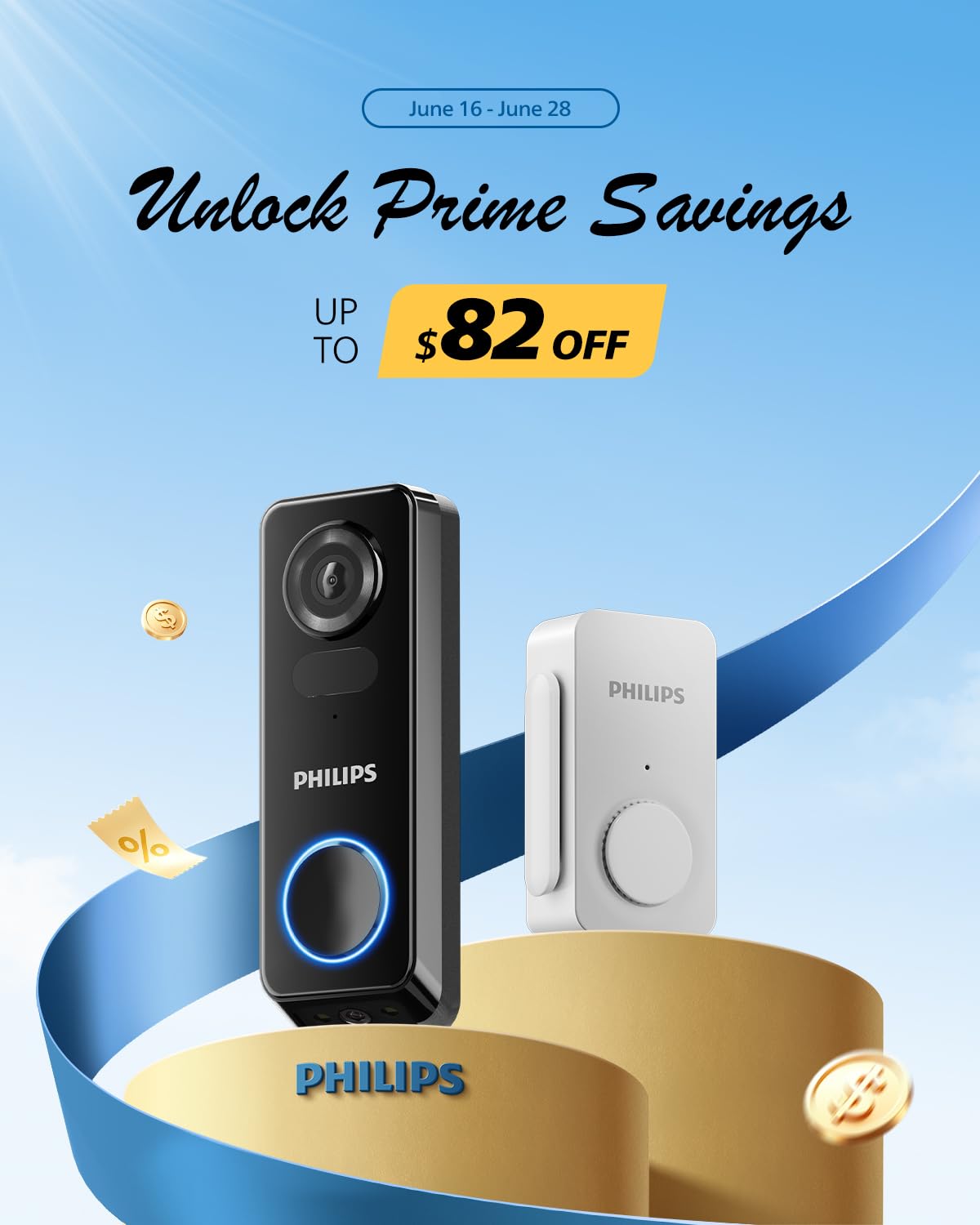 PHILIPS Security Video Doorbell Camera (Chime Included), No Monthly Fee, Dual Cameras 2K QHD with Motion Detection, 2-Way Audio, Supports Alexa & Google Assistant, Battery/Wired Powered