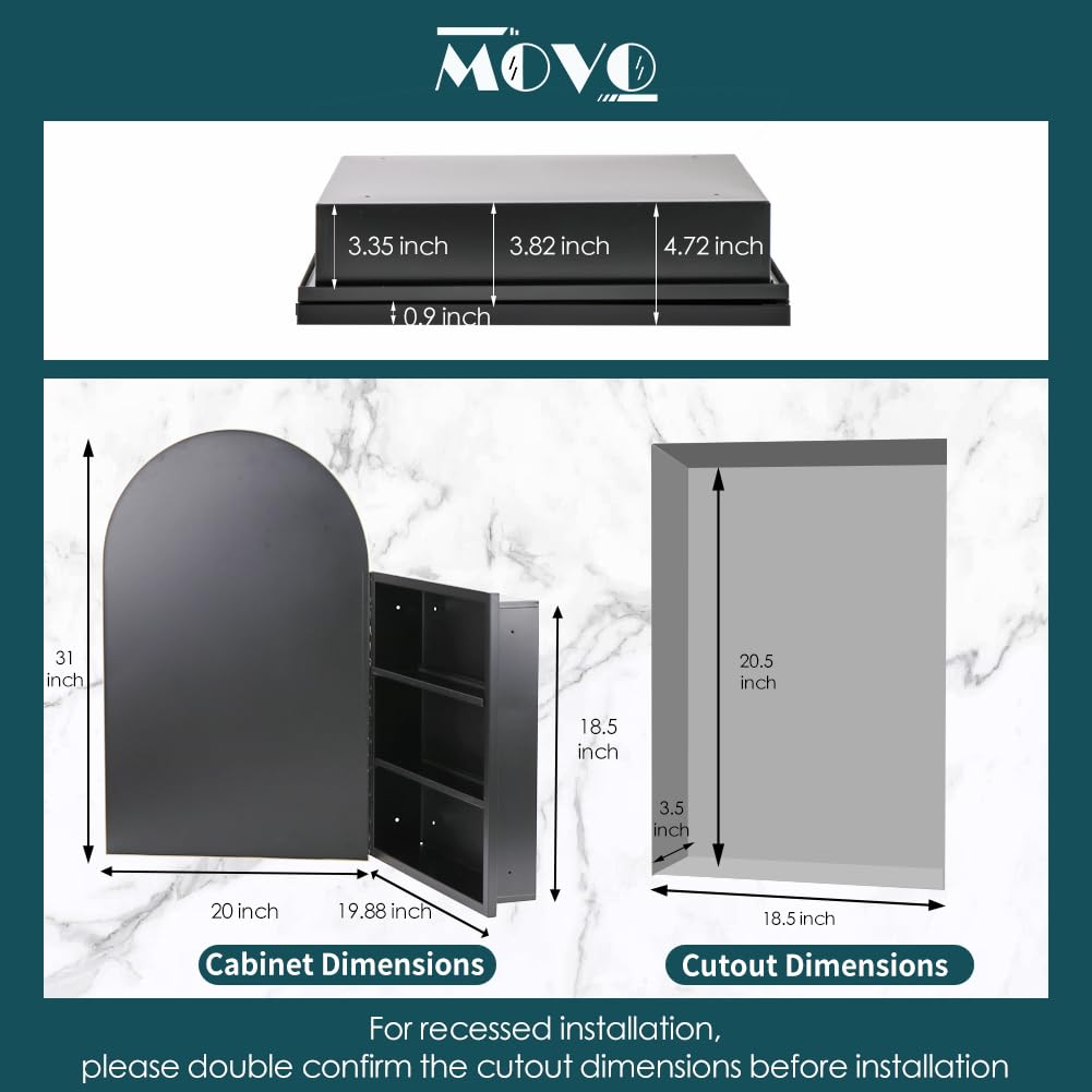 Movo 20 x31 Inch Arched Black Medicine Cabinet with Mirror,Metal Framed Wall Mounted,Recessed Medicine Cabinets for Bathroom,Bathroom Mirror Medicine Cabinet with 2 Removable Shelves