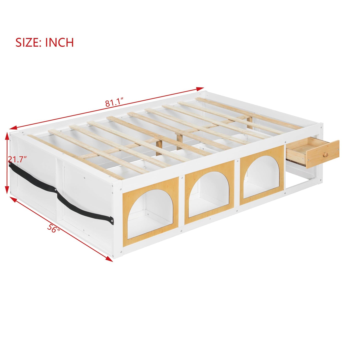 Merax Full Size Wooden Platform Bed with Bookshelf, Display Cabinet and Storage Drawer, White+Natural Multi-Functional Storage Bed for Bedroom, Guestroom