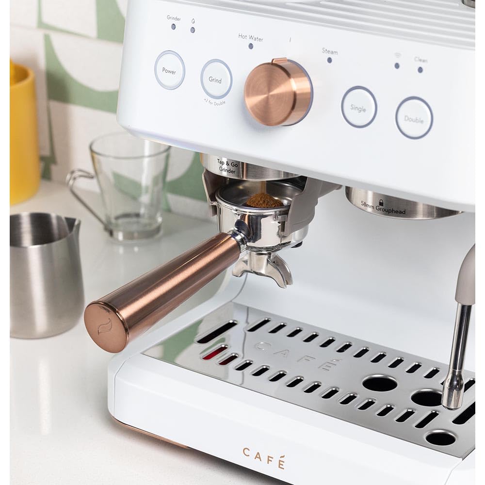 Café Bellissimo Semi Automatic Espresso Machine with Grinder & Milk Frother | Copper Accents | WiFi App Control | Large 95oz Tank | Matte White