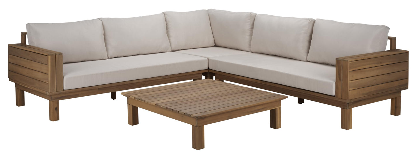 SAFAVIEH Outdoor Patio Furniture Collection - Napoli Oak Brown & Cream Solid Wood 4-Piece Sectional Sofa Set with Coffee Table, Durable Cushions, Modern Outdoor Seating (PAT6806B)