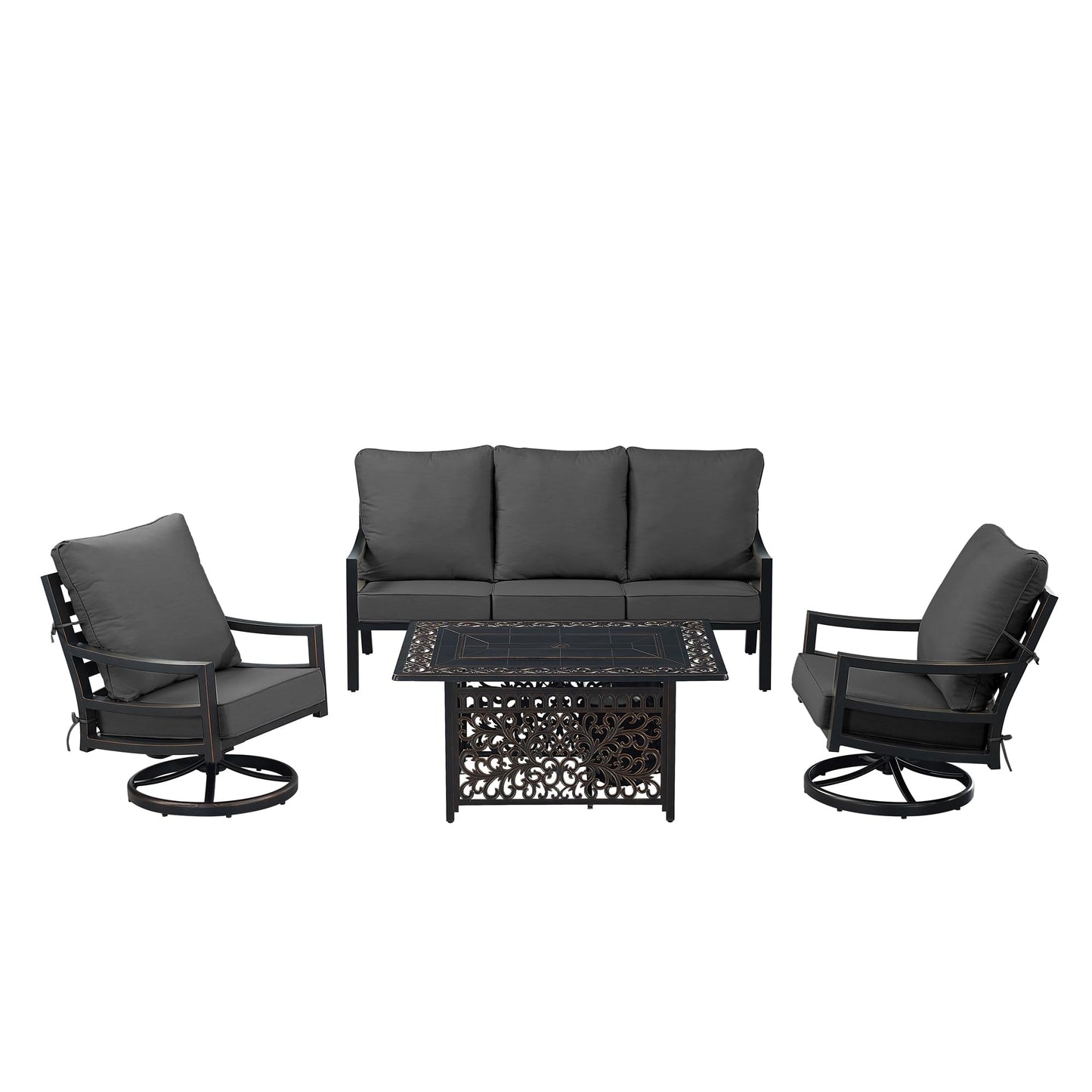 Oakland Living Black Aluminum Patio Fire Table Set with Deep Seating Sofa with Cushions and Two Club Chairs with Black Cushions
