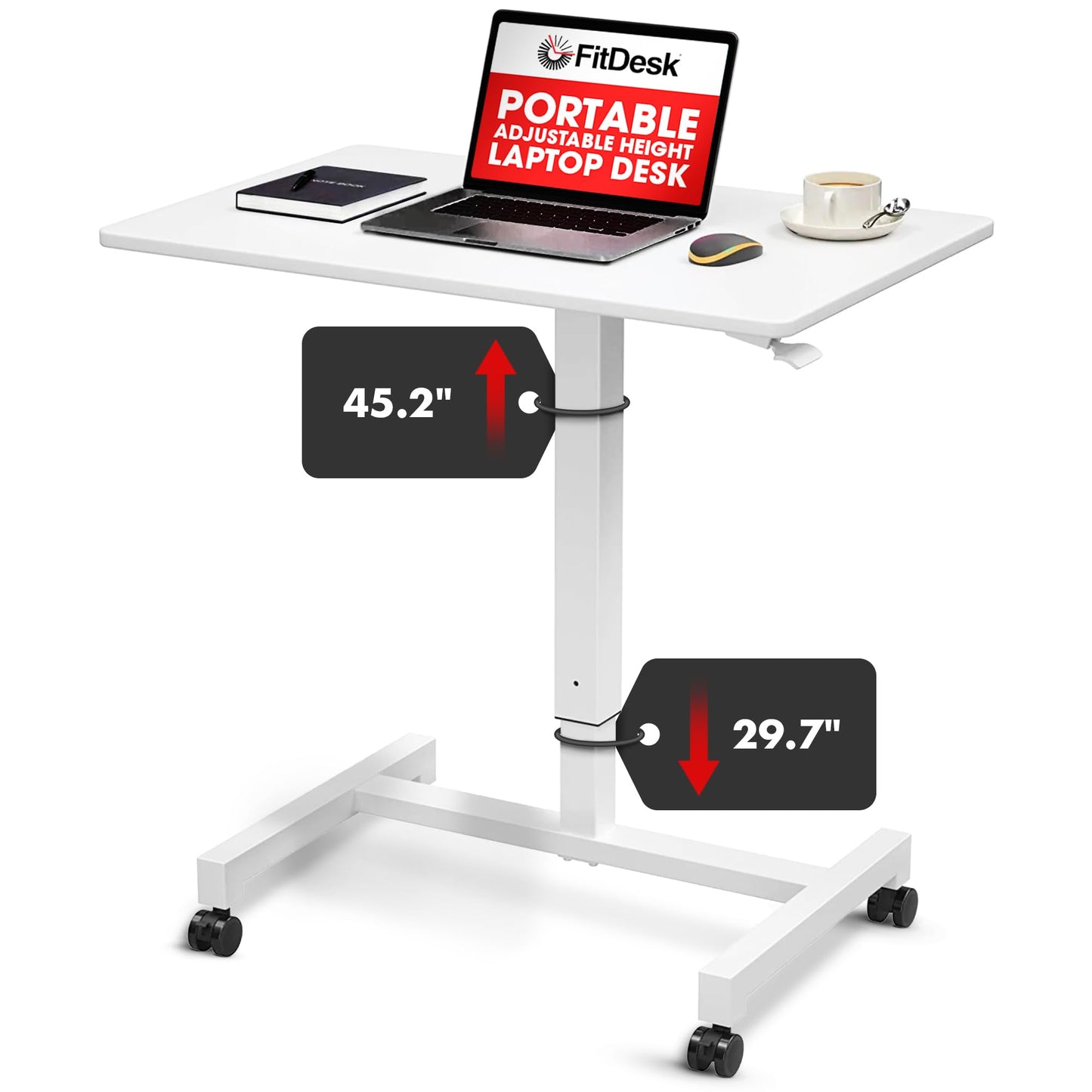 FitDesk Portable Laptop Desk, Rolling Standing Workstation Adjustable Height, Compact Standing Table with Large Surface, Small Stand Desk for Home Office, 30 lb Weight Limit, White, 27" Tabletop
