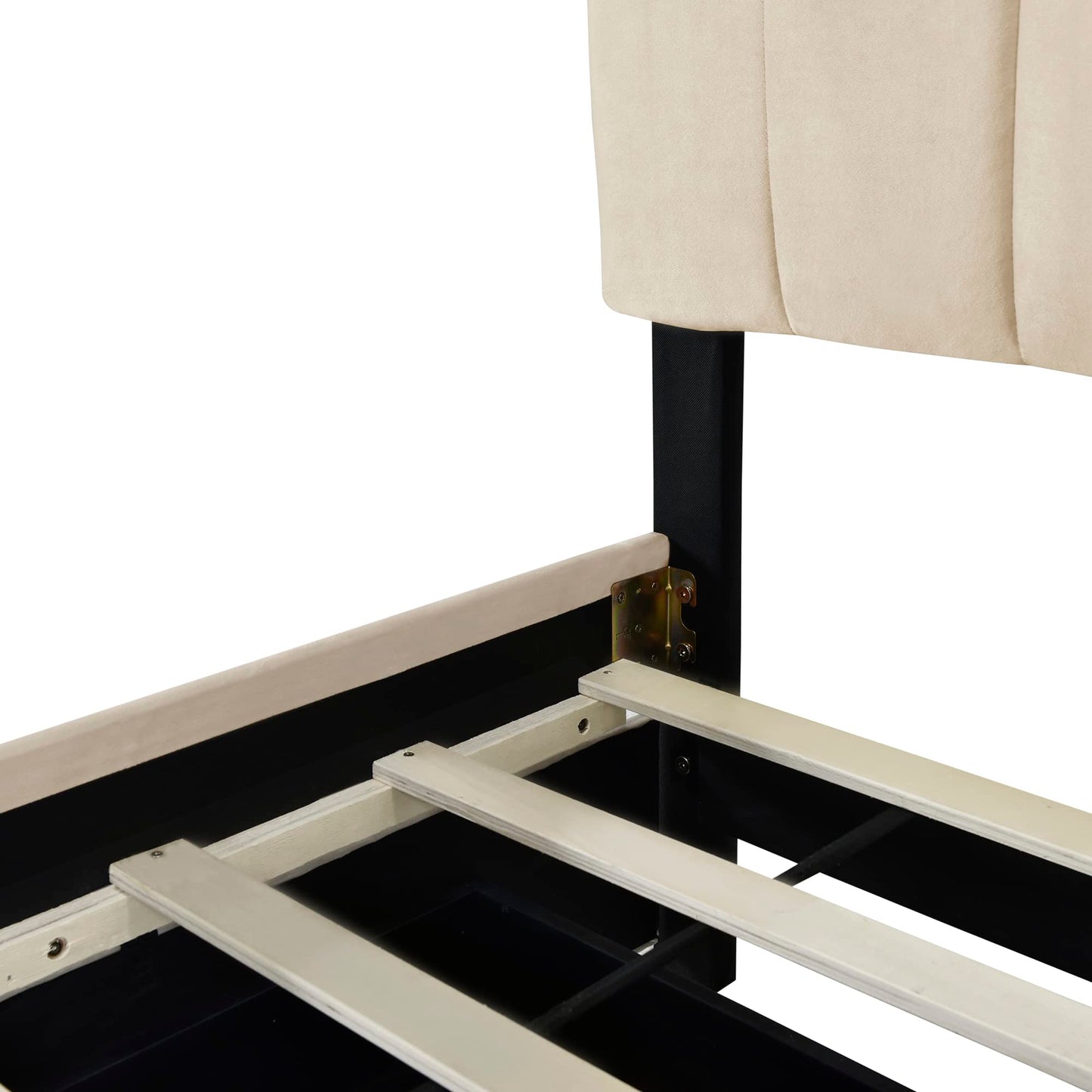 Merax Queen Size Upholstered Platform Bed with 2 Drawers and 1 Twin XL Trundle, Beige Wooden Bed Frame, No Box Spring Need