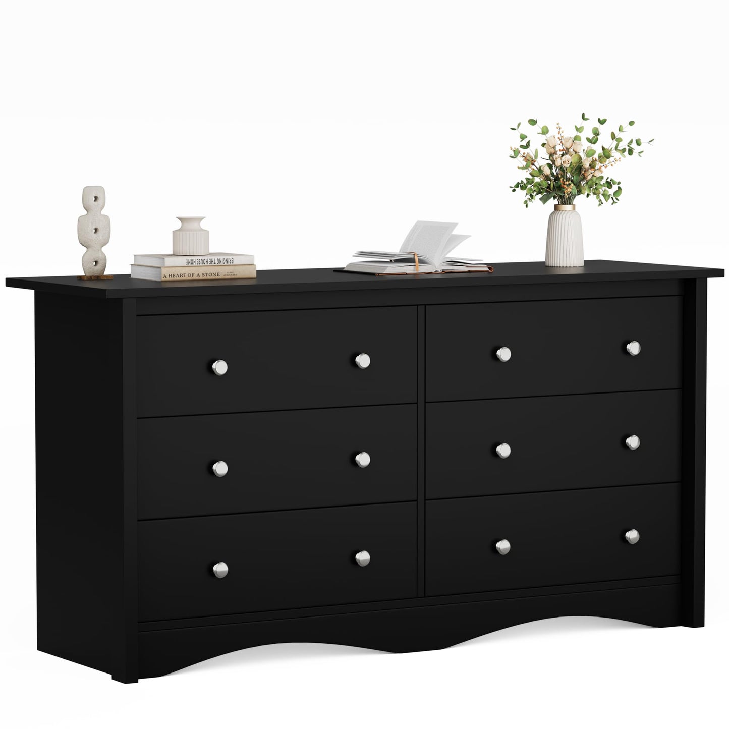 Flamaker Dresser for Bedroom, 6 Drawer Dresser, 47.2'' Wood Dressers, Wide Chest of Drawer, Storage Drawers, Storage Organizer for Closet, Hallway (Black)