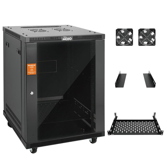 Tecmojo 15U Wall Mount Rack,15U Rack 17.7 Inch Depth,Hold Up to 176 Lbs,Enclosed Wall Mount Rack Kit for 19 Inch Network,Server and AV Gear,Glass Door(Elite Collection)