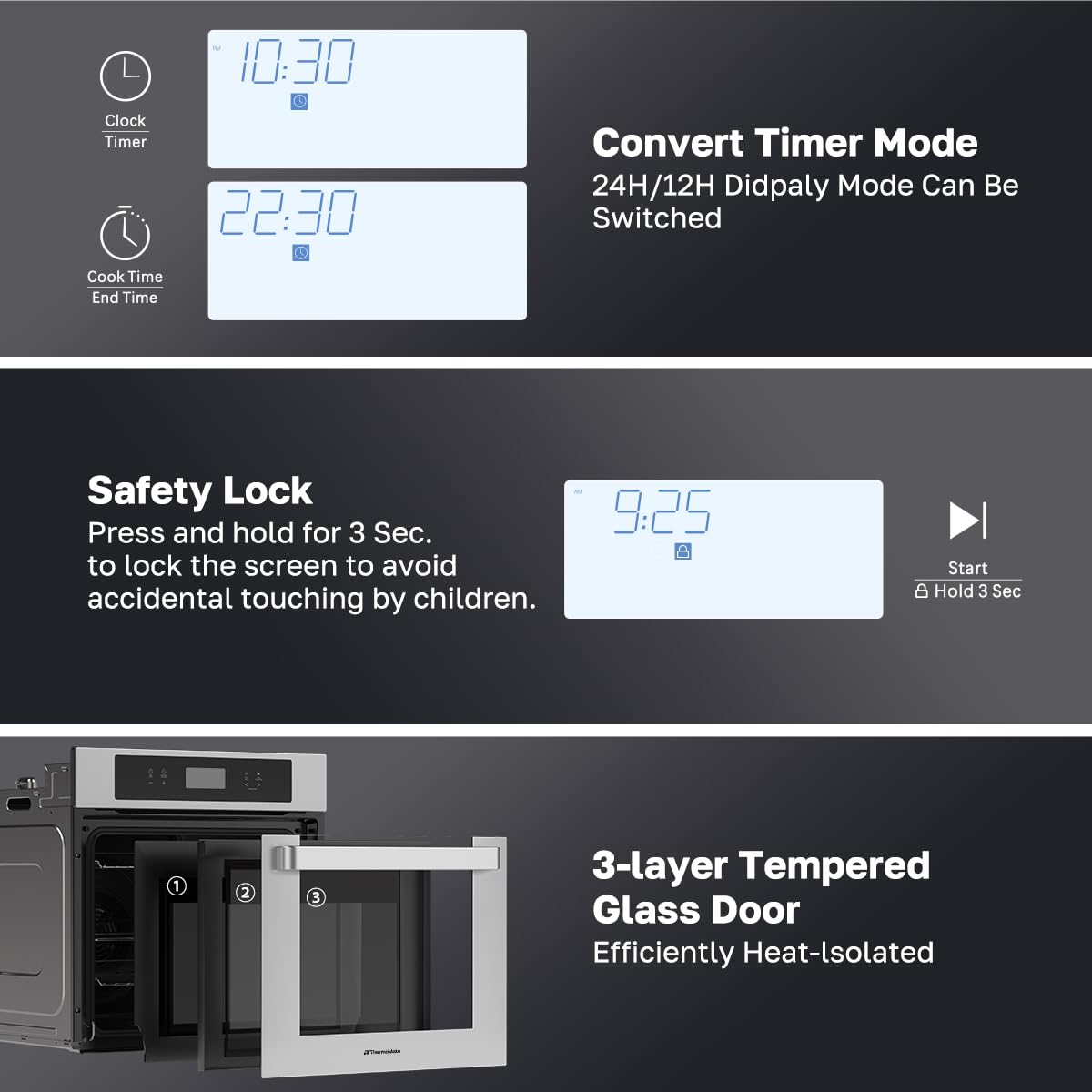 ThermoMate 24 Inch Electric Wall Oven, ETL Certified, 2.6 Cu.Ft. Convection Ovens with 12 Functions, 3D Heating, 3100W, Sensor Touch Control, Safety Lock, Stainless Steel
