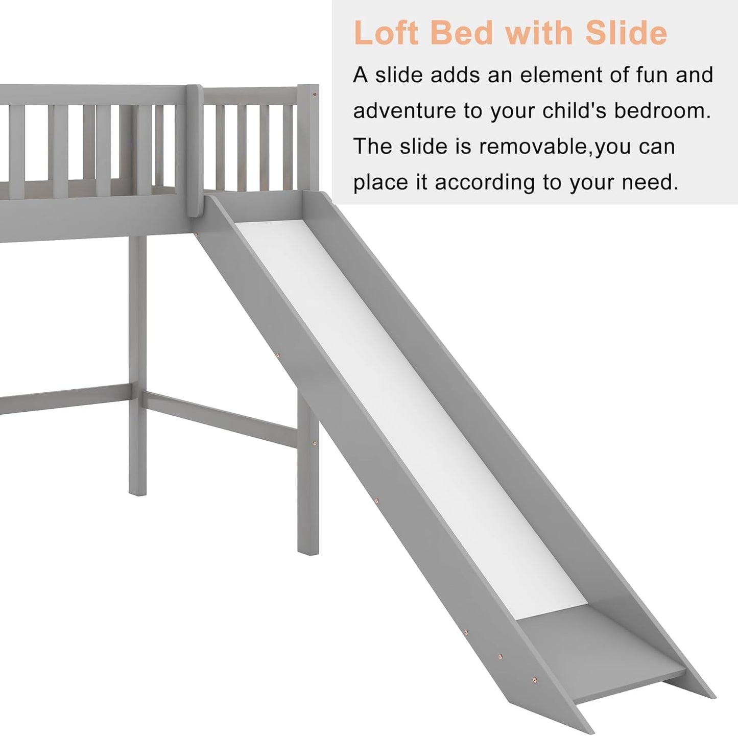 Bellemave Twin Size Low Loft Bed Frame with Slide,Kids Loft Bed with Ladder,Solid Wood Low Loft Bed Twin Size for Girls Boys,Gray