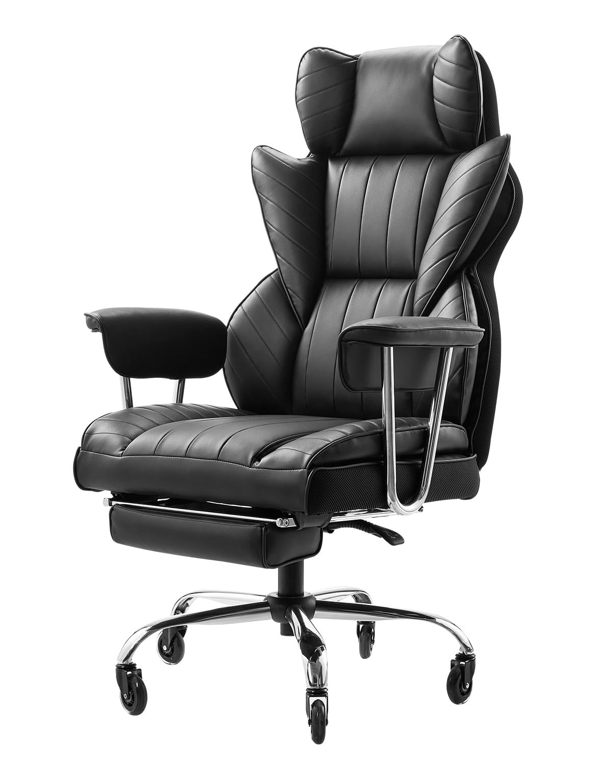 VEVOR Executive Office Chair with Footrest, 400lb Capacity Oversize Office Chair with Lumbar Pillow & Removable Armrests, Heavy Duty Ergonomic Chair, PU Leather Reclining Home Office Desk Chair, Black