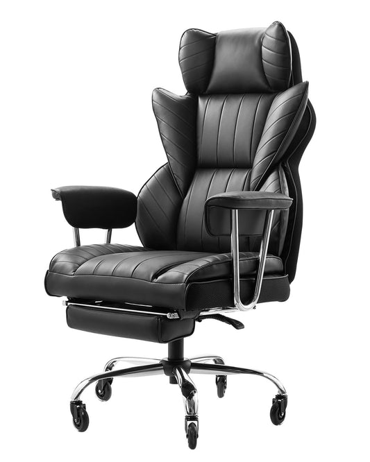 VEVOR Executive Office Chair with Footrest, 400lb Capacity Oversize Office Chair with Lumbar Pillow & Removable Armrests, Heavy Duty Ergonomic Chair, PU Leather Reclining Home Office Desk Chair, Black