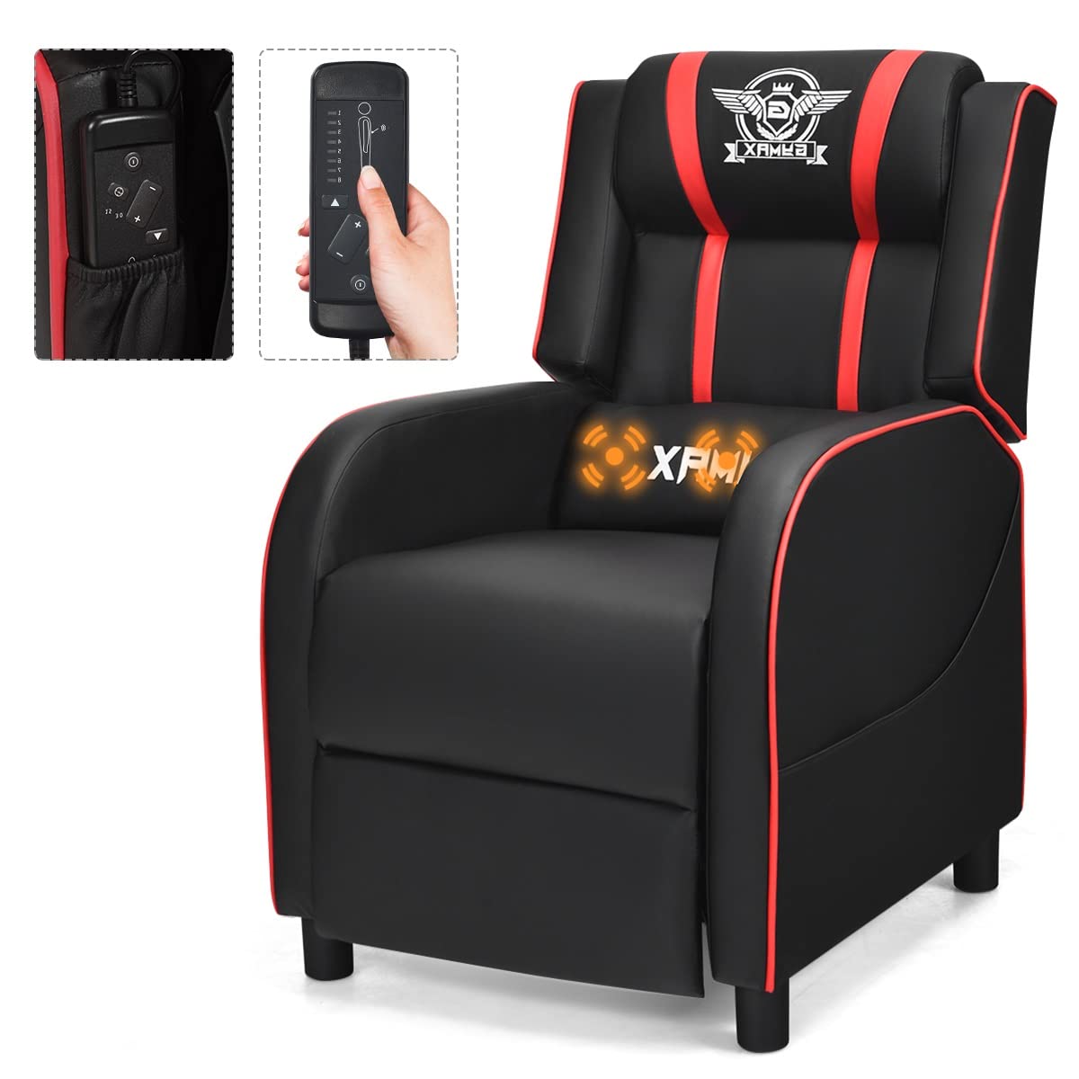 GLOBALWAY Gaming Recliner, Movie Theater Chair w/Adjustable Backrest & Footrest, Massage Lumbar Pillow, Racing Single Sofa, PU Leather Reclining Chair for Gaming Room, Home Theater (Red)