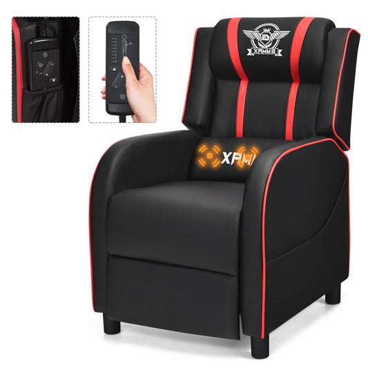 GLOBALWAY Gaming Recliner, Movie Theater Chair w/Adjustable Backrest & Footrest, Massage Lumbar Pillow, Racing Single Sofa, PU Leather Reclining Chair for Gaming Room, Home Theater (Red)