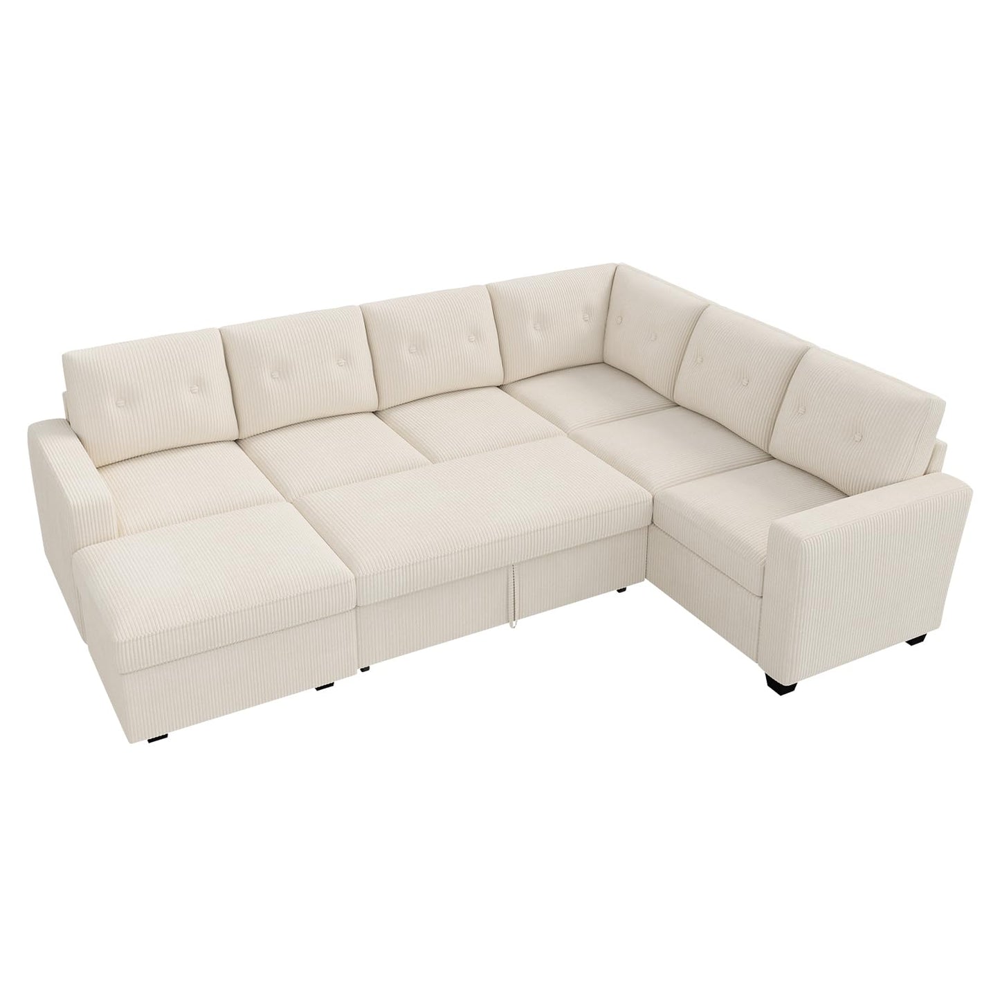 HONBAY 106.2 Inch U-Shaped Sectional Sleeper Sofa with Pull-Out Bed & Storage Ottoman, 7-Seater Sectional Sofa for Living Room, Pet-Resistant Corduroy Couch, Beige