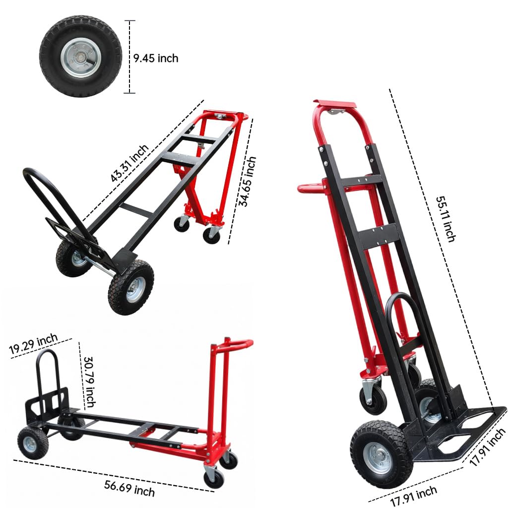 Nebicals Red Convertible Hand Truck Dolly Cart with 4 Wheels Heavy Duty,1000 Lbs Capacity, 2 Straps for Moving Furniture/Appliance/Carton/Warehouse/Office/Easy to Follow Video to Install
