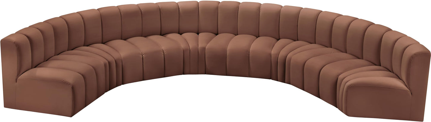 Meridian Furniture 101Cognac-S8B Arc Collection Modern | Contemporary Modular Sofa with Soft Cognac Vegan Leather, Deep Channel Tufting, Modular Design, 162" W x 83" D x 30" H, Cognac