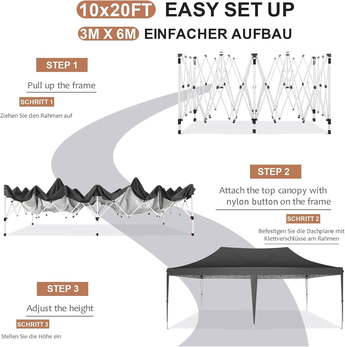 COBIZI 10x20 Pop Up Canopy with 6 Sidewalls,10x20 Canopy Tent Frame Upgraded with 3 Adjustable Heights,Waterproof UV50+ Outdoor Party Commercial Ez Up Gazebos with Carry Bag(10 x 20 ft Black)