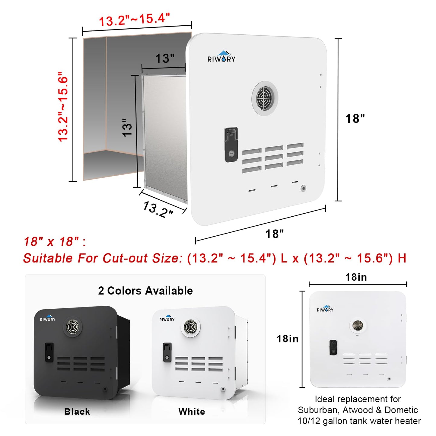 RIWORY 65,000 BTU 18x18 RV Tankless Water Heater Propane, 3.9GPM Tankless RV Water Heater with Outdoor Water Outlet, DC 12V Anti-Freezing Protection RV Camper Instant Hot Water Heater