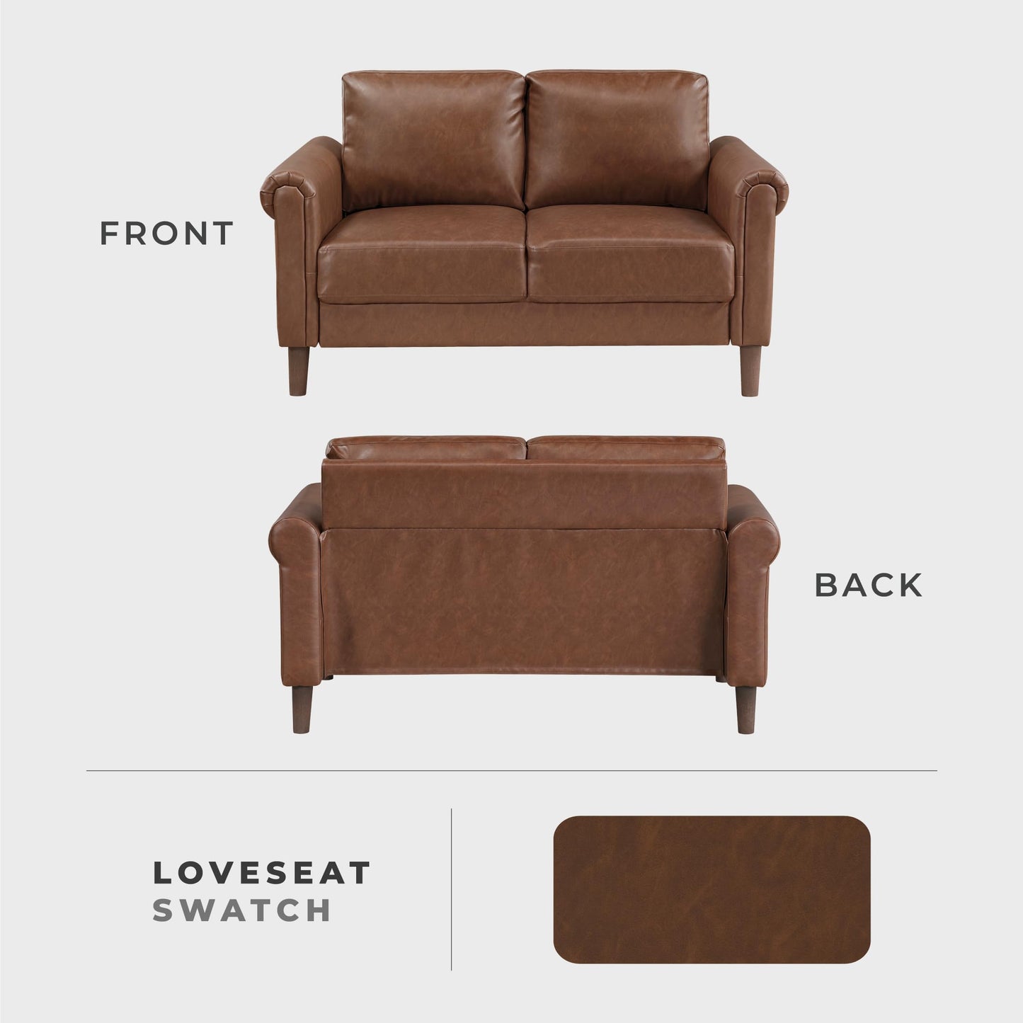Lexicon 57" W Faux Leather Loveseat Sofa, Upholstered 2-Seater Couch with Rolled Armrest & Wood-Look Feet, Traditional Small Space Living Room, Office or Waiting Room Seating - Chocolate