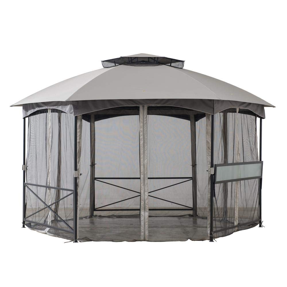 Sunjoy 15x15 ft. Soft Top Gazebo, Hexagon Steel Framed Patio Outdoor Backyard Gazebo with 2-Tier Dome Roof, Netting, Ceiling Hook, and Bar Shelf, Gray