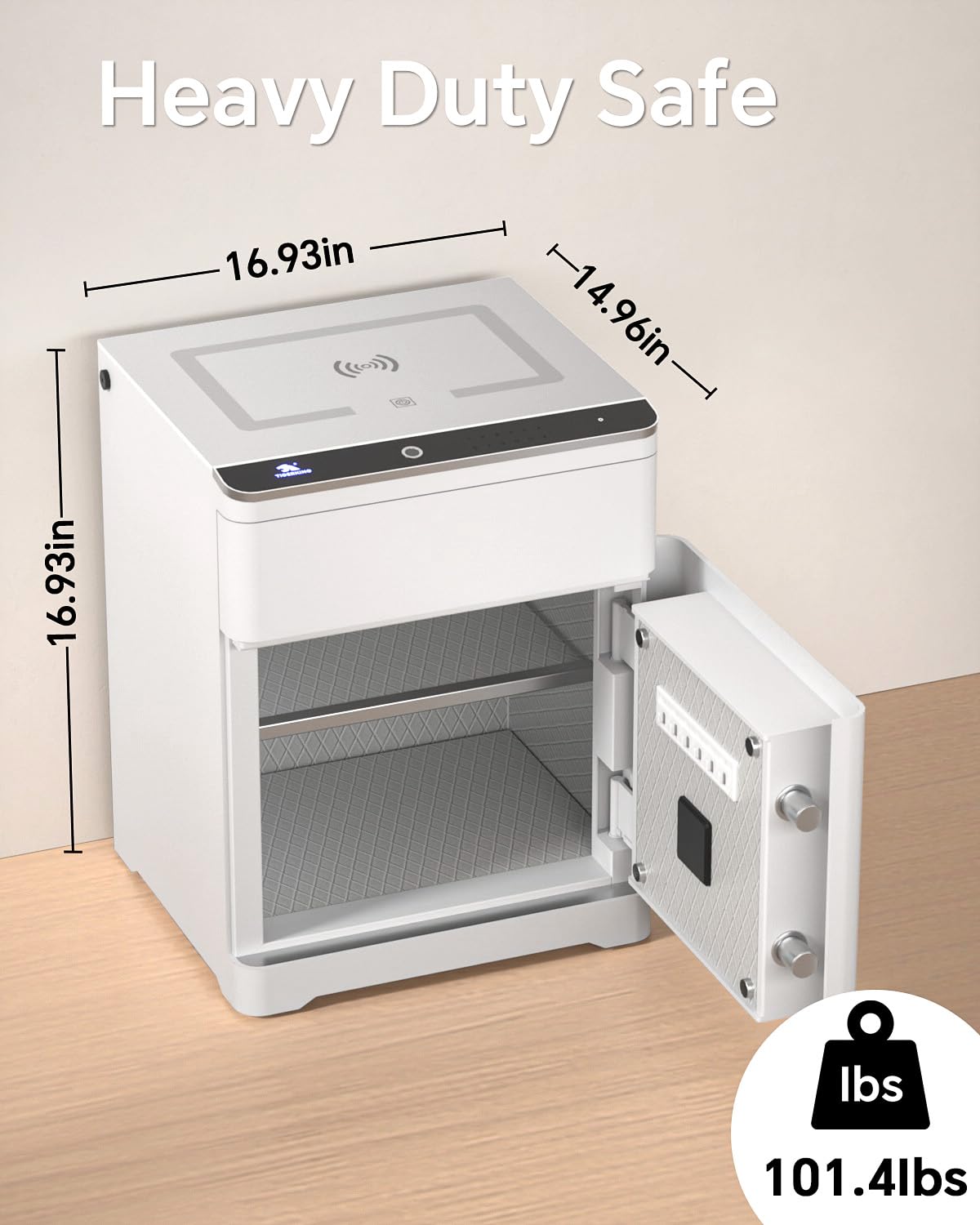 TIGERKING 3-in-1 Biometric Heavy Duty Safe, Lockable Drawer Gun Safes with Wireless Charging Station, Home Safe Adjustable Lighting with USB & Type-C Port for Bedroom Office, White