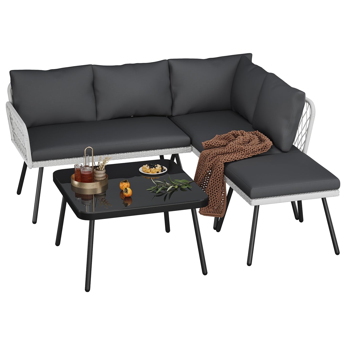 L-shaped Wicker Outdoor Furniture Set, 4-Piece Patio Sectional Sofa with Handmade Rattan and Metal Frame, Conversation Couch Set with Coffee Table & Ottoman for Backyard, Garden and Poolside, Grey